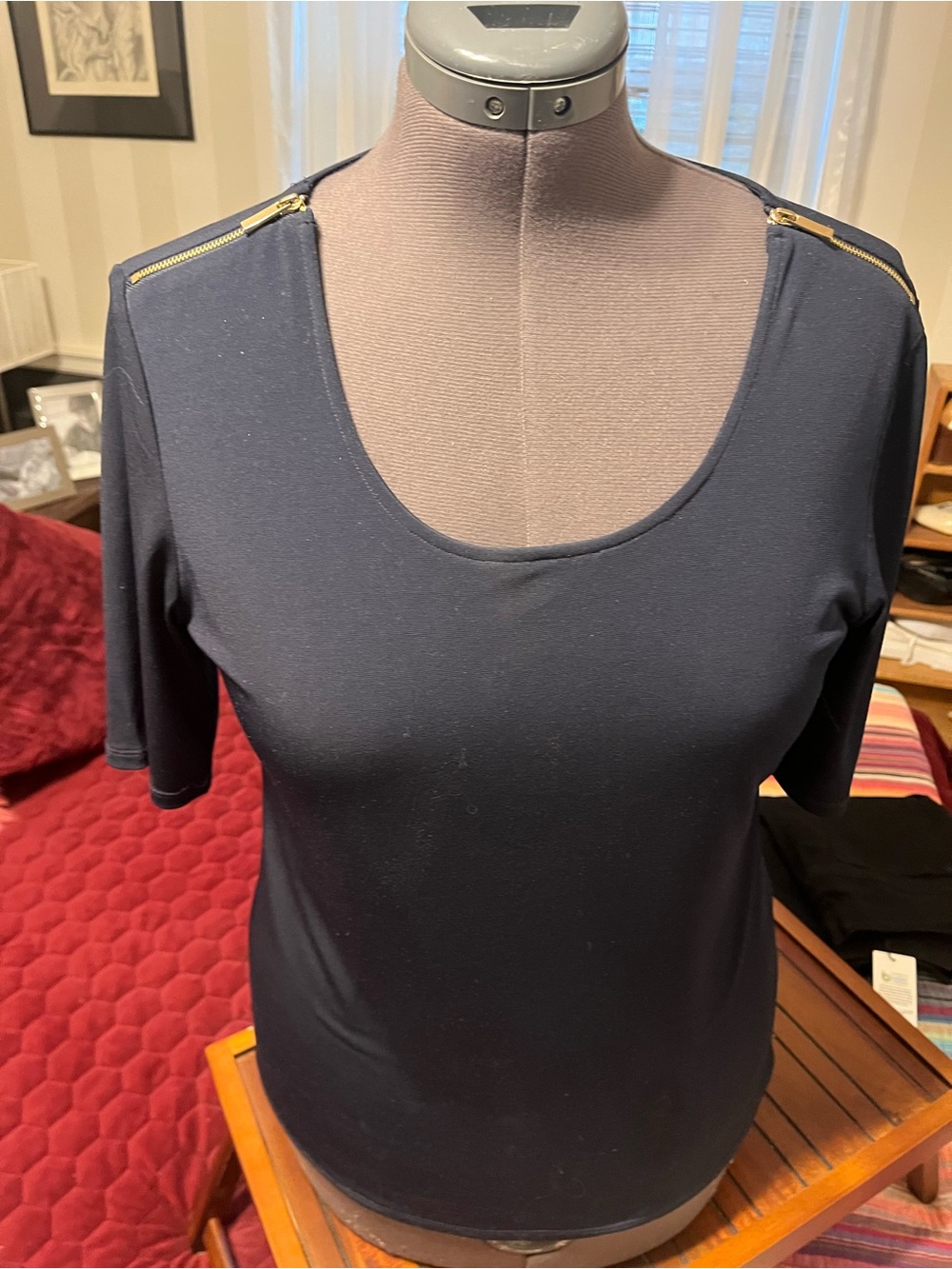 Premise Studio Navy Scoop Neck Top with Gold shoulder zippers